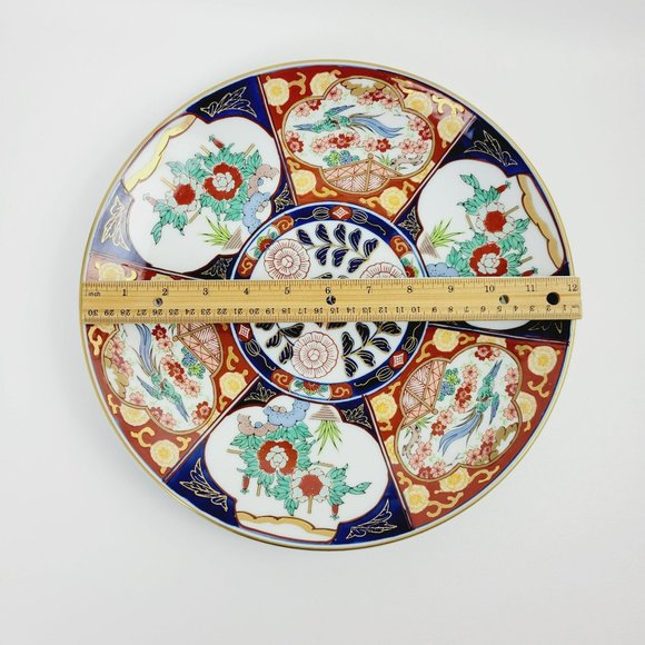 Gold Imari Hand Painted 12" Wall Plate Vintage Japanese Floral & Bird Wall Decor - Picture 10 of 11